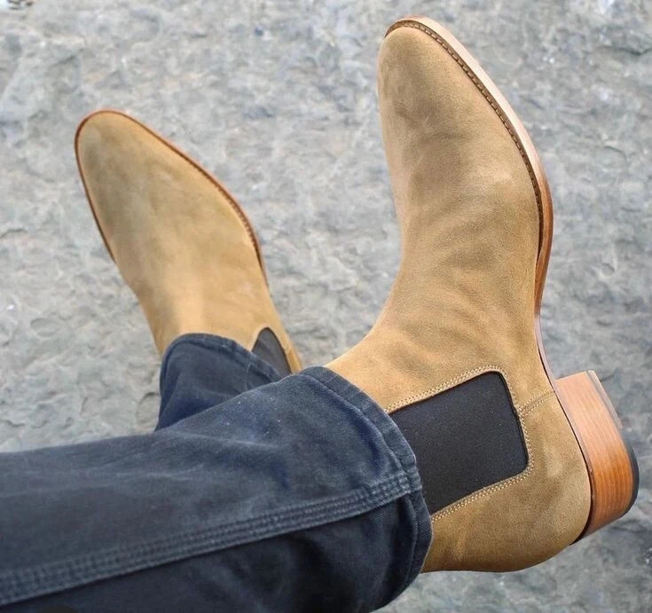 Handmade Men Beige Suede Chelsea Boots For Mens, Men Leather Office Dress Boots