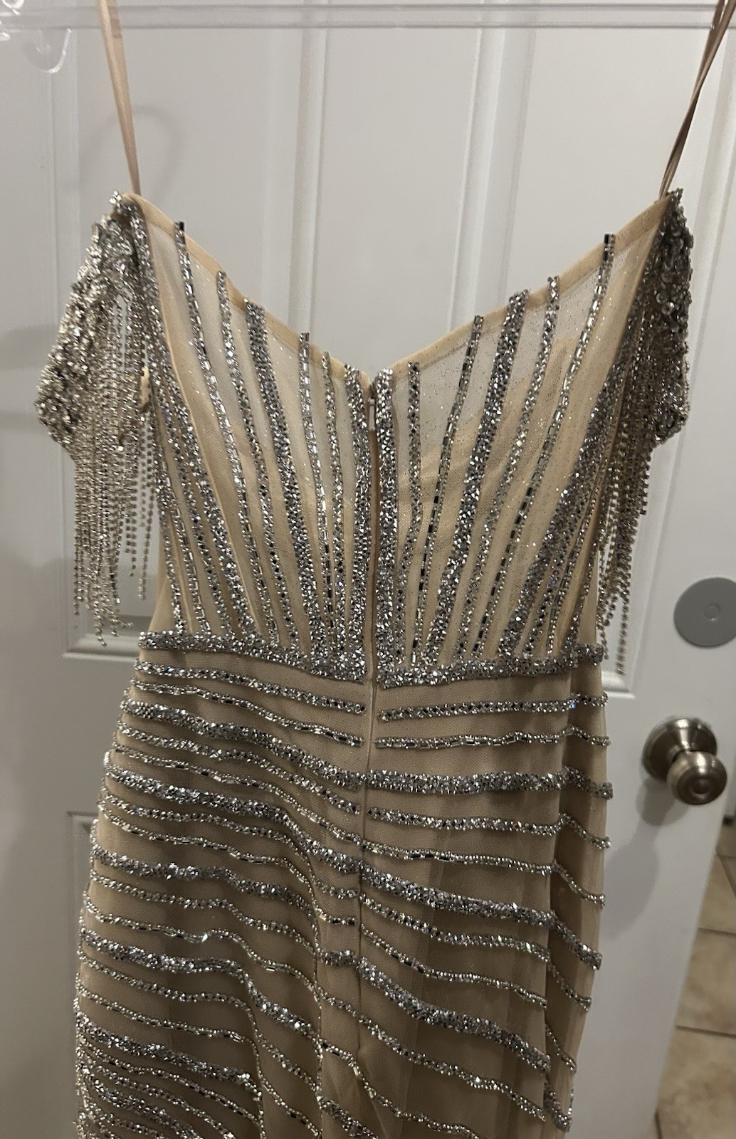 Ladivine by Cinderella Divine Beige Silver Rhinestone Off-Shoulder gown Size 2