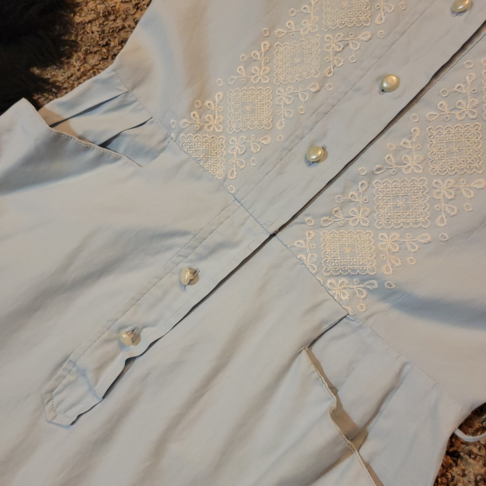 Vintage 40s/50s Light Pastel Blue Dress Collar Button Short Sleeve Knee Length