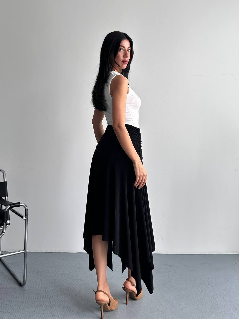 Women’s Ruched High Waist Asymmetrical Midi Skirt Side Slit