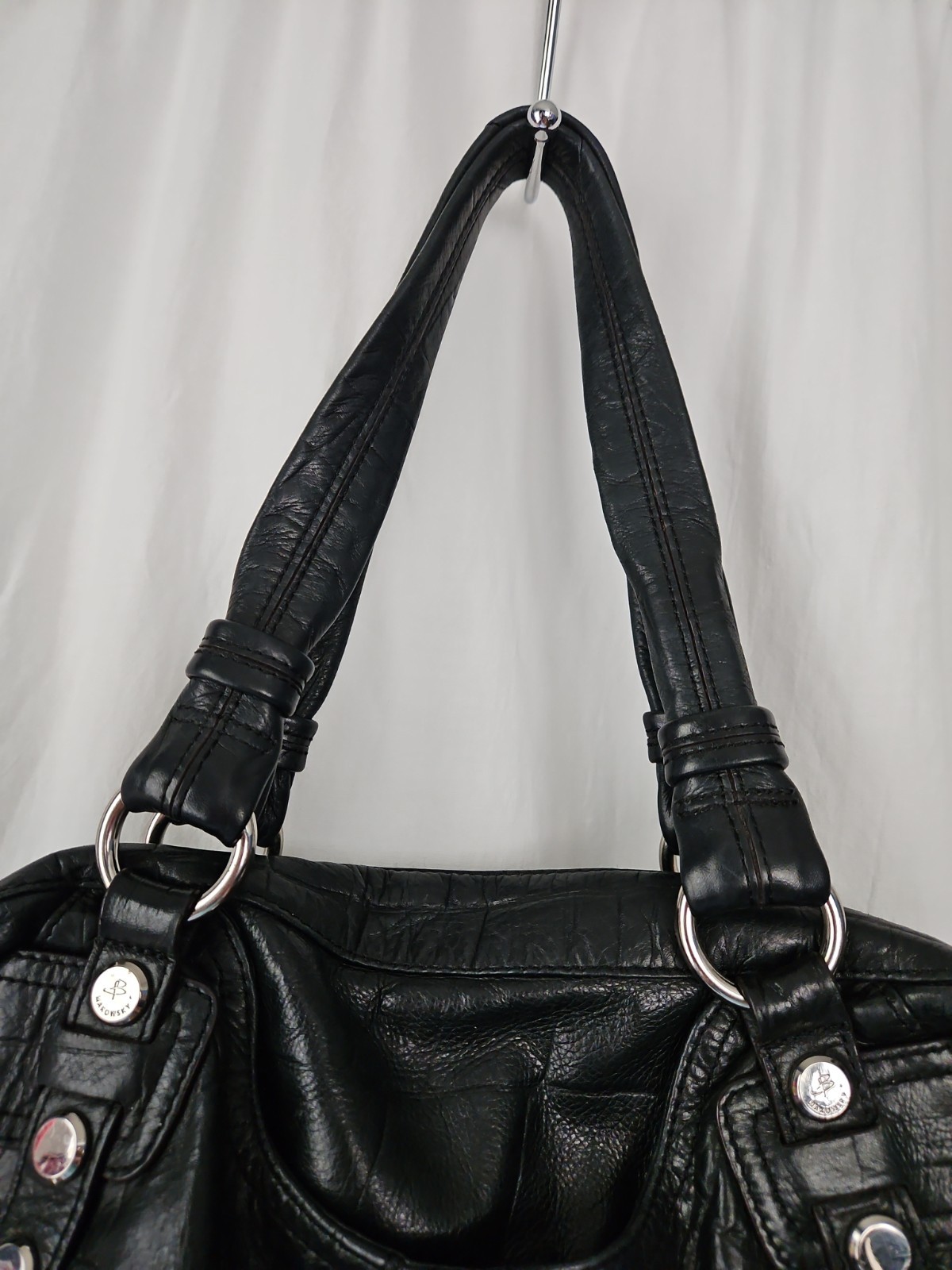 B Makowsky Black Leather Bag Purse Silvertone Hardware Animal Print Lining