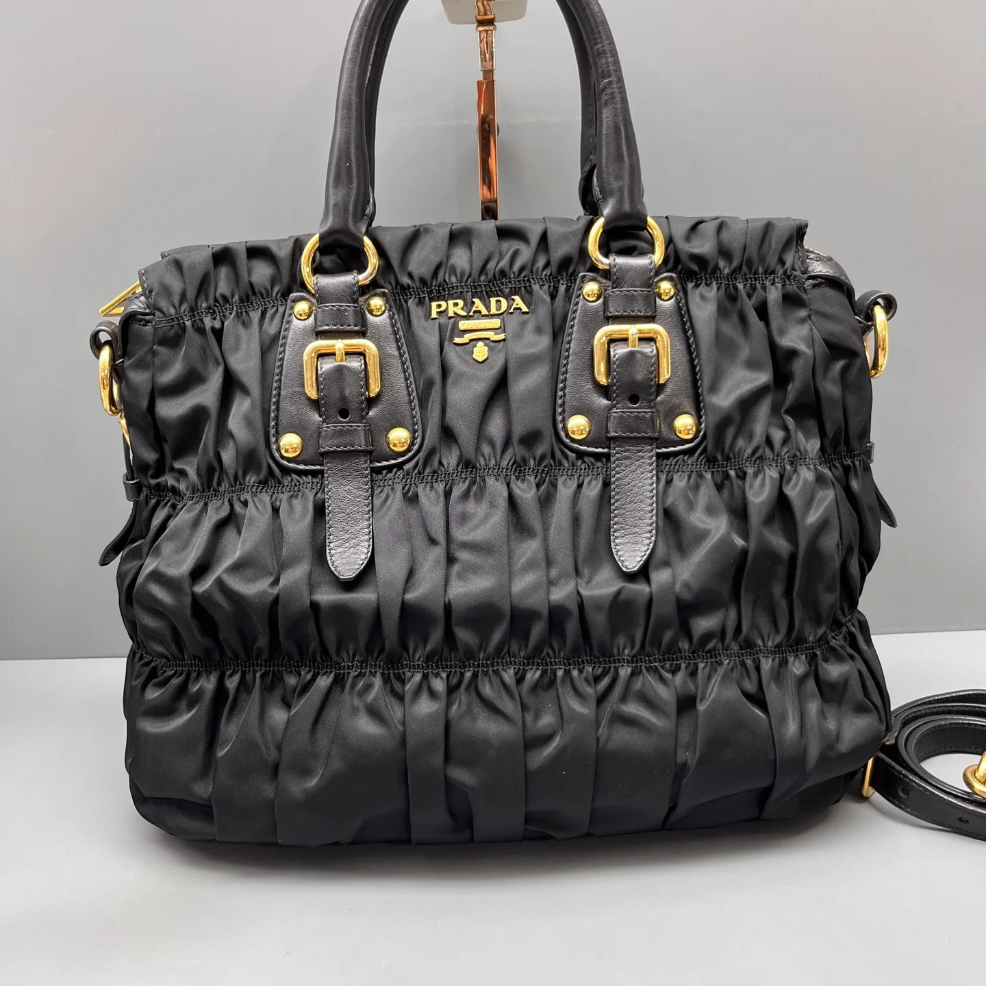 Prada Gaufre Medium Gaufre Buckle Satchel Black Tessuto Nylon (ws051326c5r)