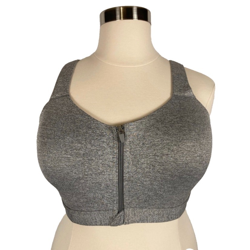 3X MTA sport front closure zip sports bra gray grey cross back