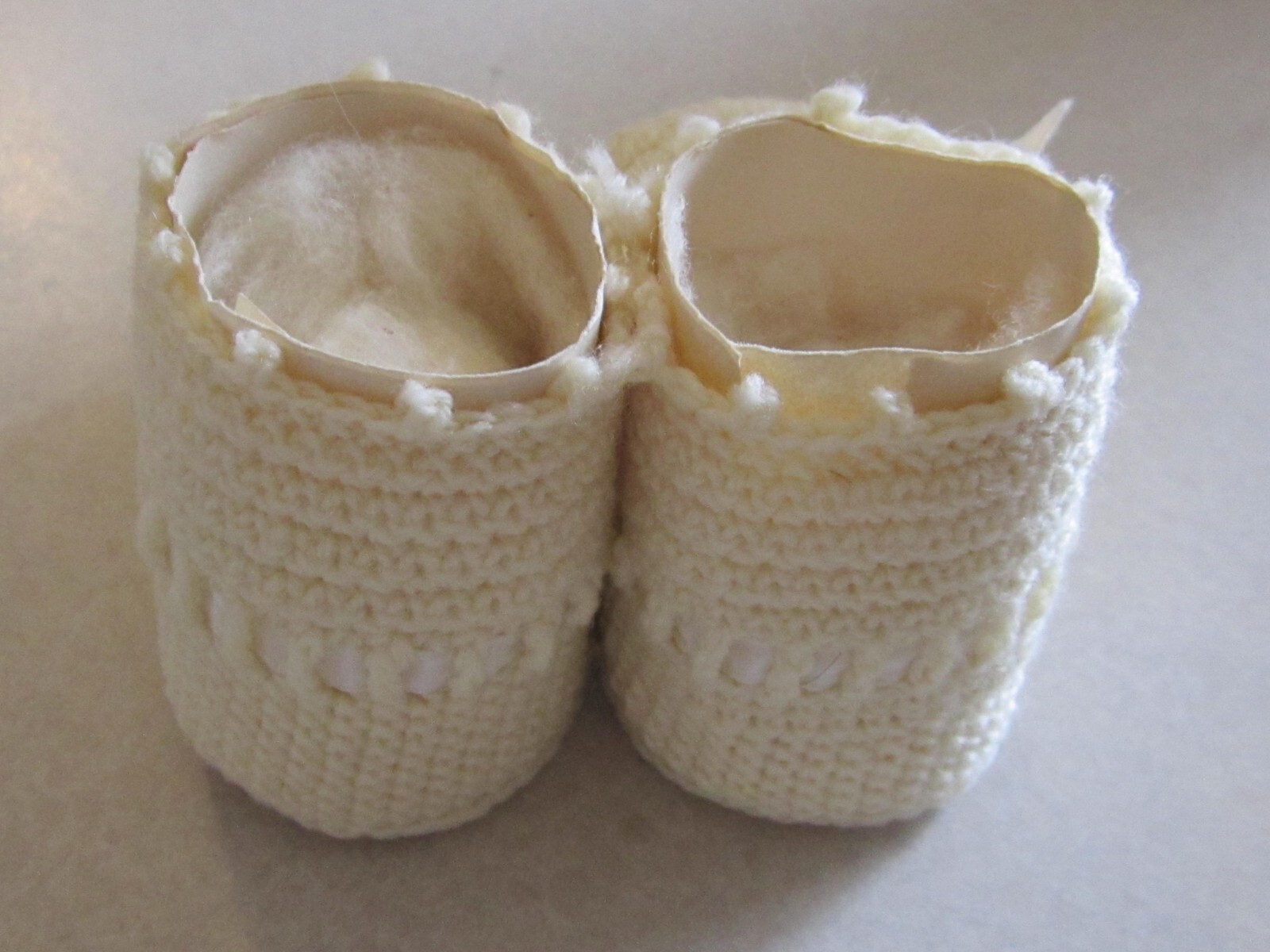 NOS Vintage Hand Crocheted Ivory Pink Blue Flower Infant Booties