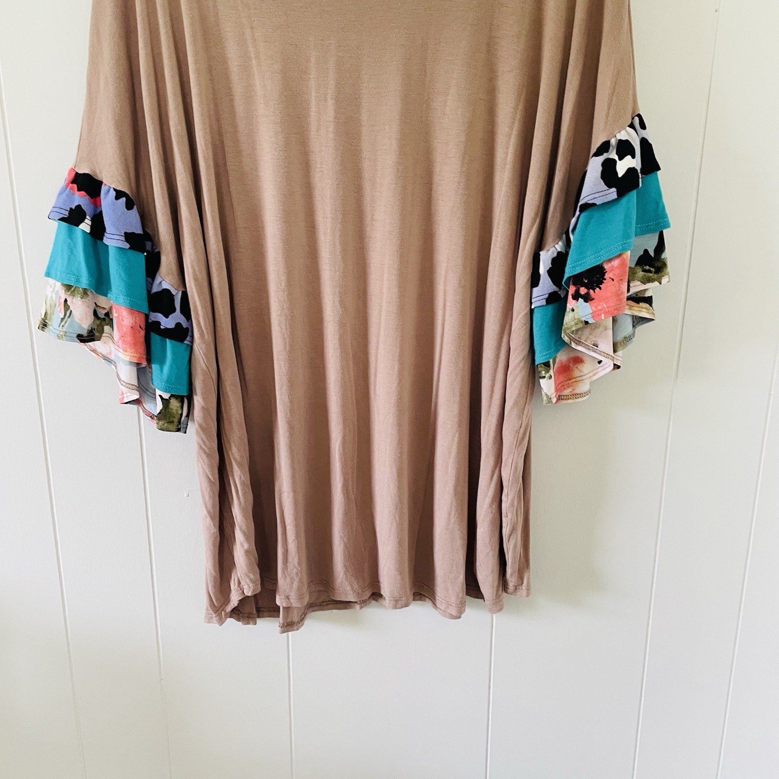 Celeste Taupe Multicolor Colorblock Ruffle Round Neck Flutter Sleeve Top 3XL