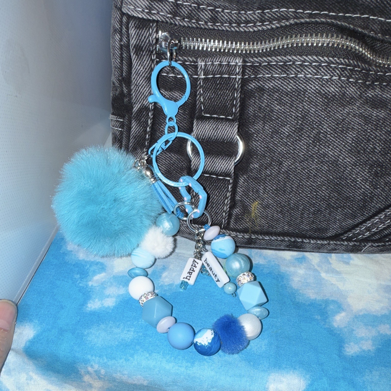 Blue Faux Fur Pom Pom Beaded Key Chain/Bag Charm w/Tassel & Detachable Clip