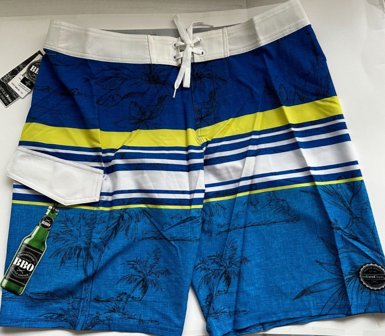 2-ISLAND DAZE BOARD SHORTS/BOTTLE OPENER 4 WAY STRETCH BLUE – NEW W/TAGS SIZE:32
