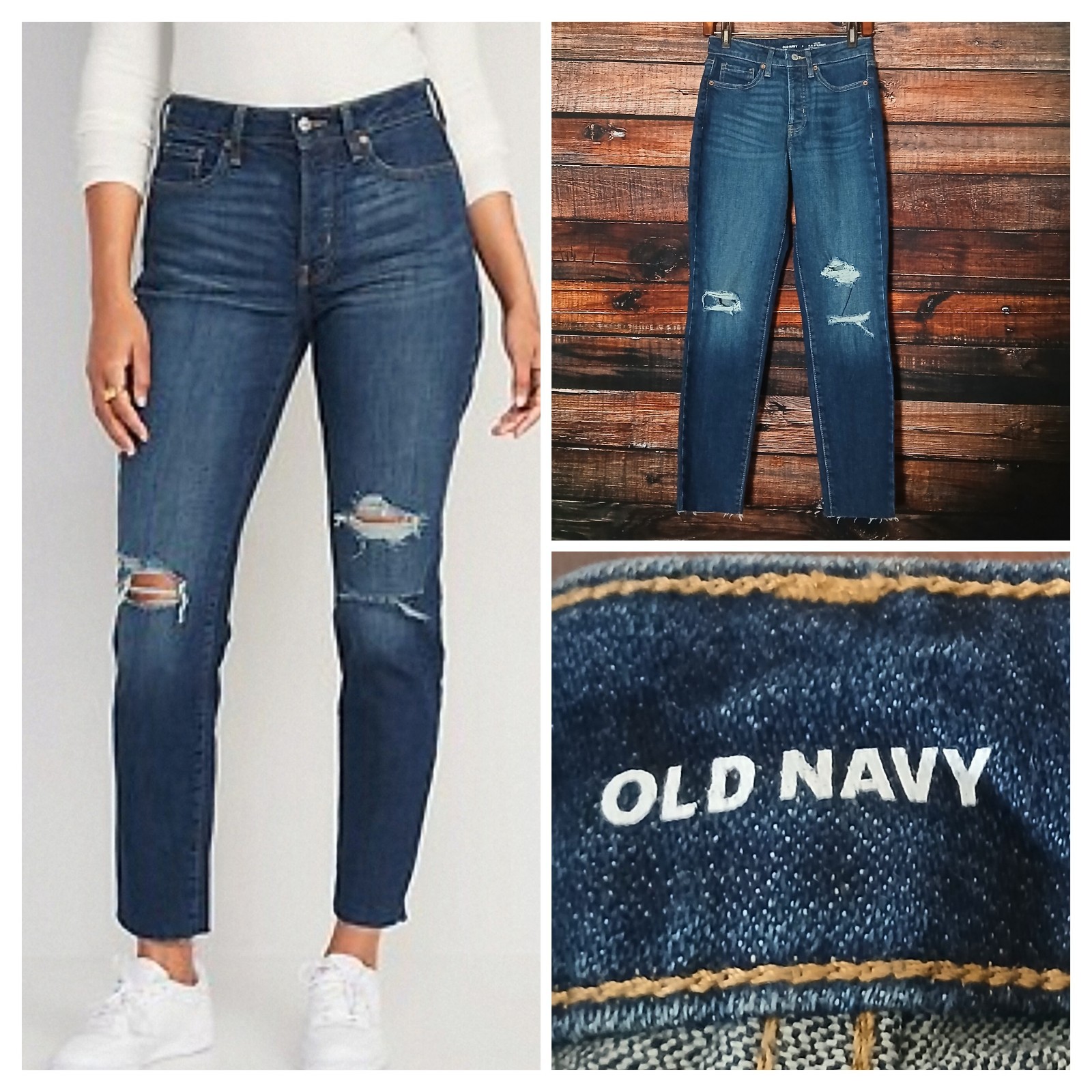 Old Navy Jeans Size 2 High Rise OG Straight Raw Hem Button Fly Distressed Denim