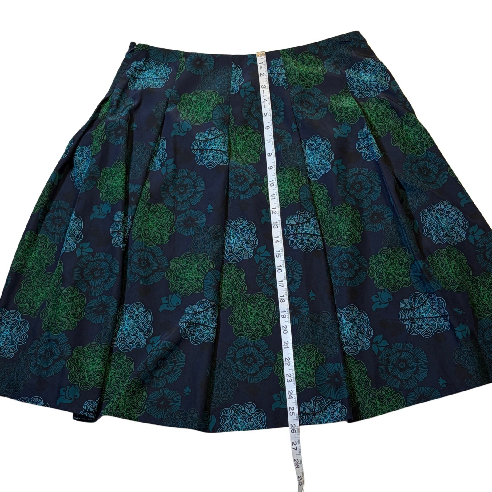 Retro Floral Liz Claiborne Pleated A-Line Midi Skirt Navy Green Teal Size 10