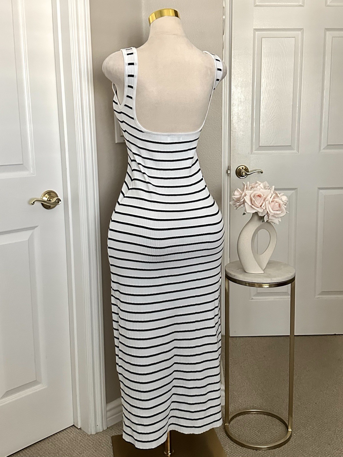 Fashion Nova White & Black Striped Sleeveless Ribbed Maxi Dress w/ Low Back Sz S