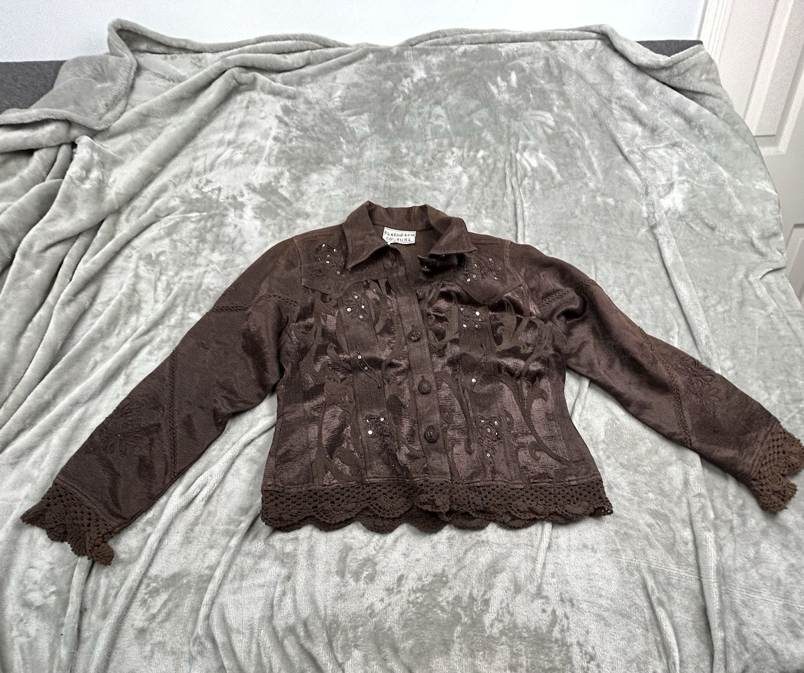 Flashback Couture Women’s Jacket Sz M Brown Embroidered Sequin Crochet Hem Boho