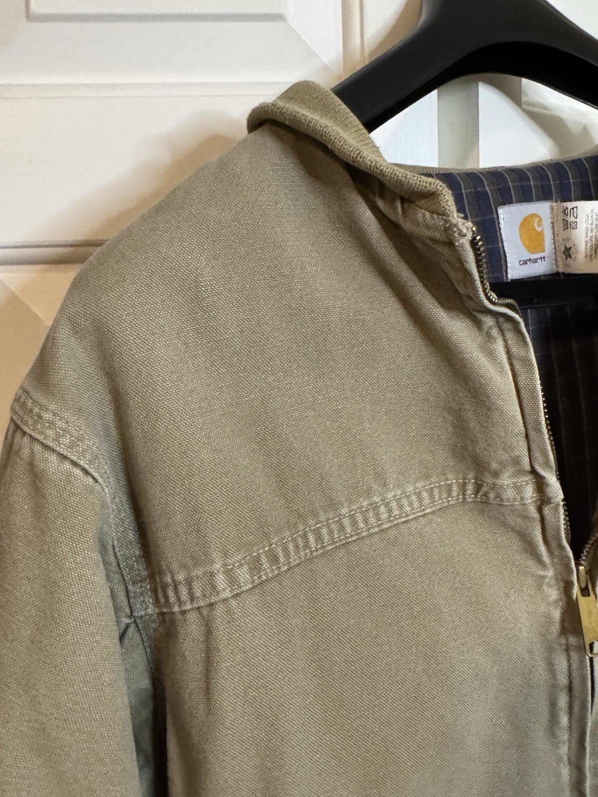 Vintage 90s Carhartt Plainsman Duck Canvas Bomber Jacket Taupe Size L