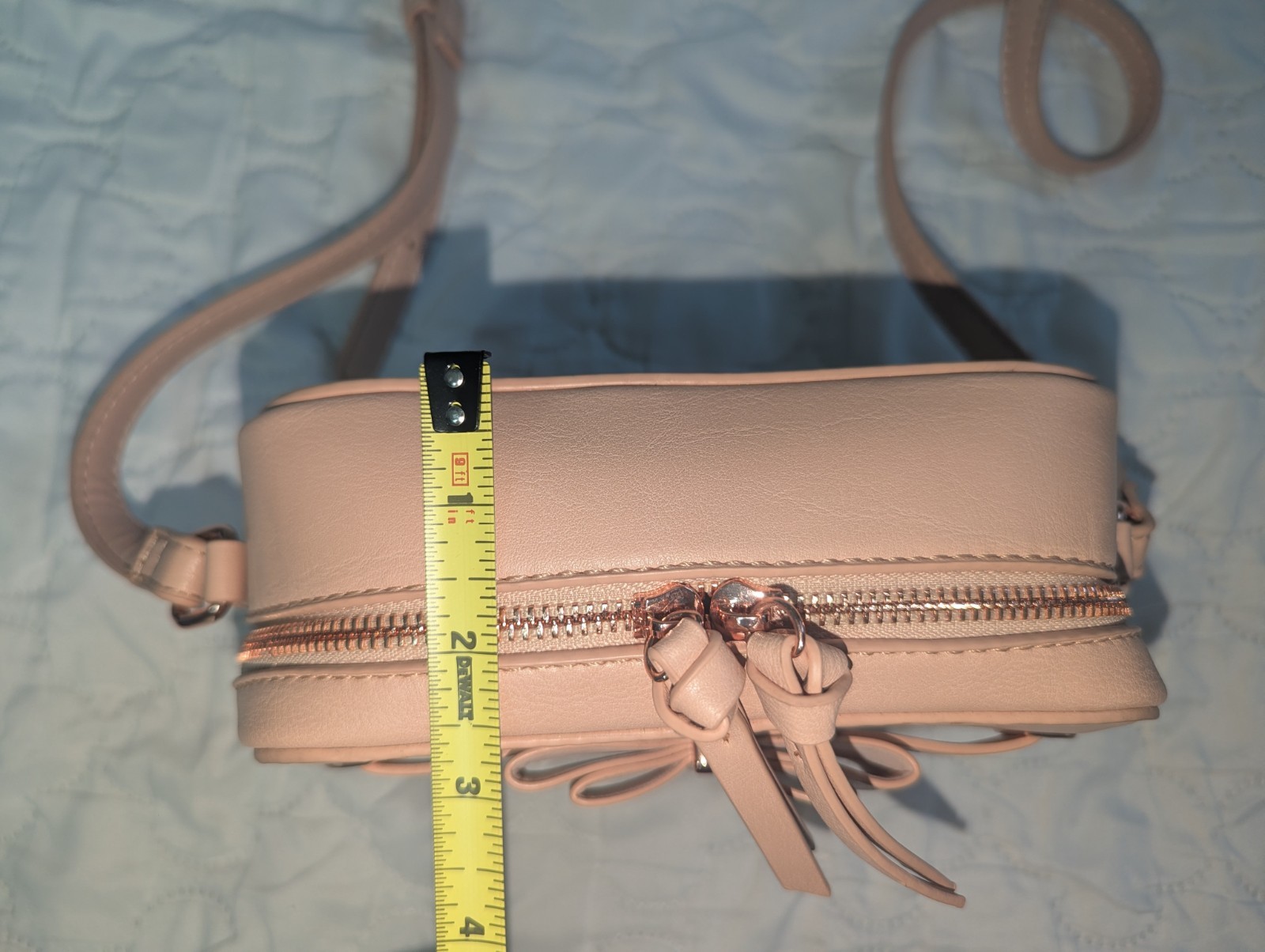 Charming Charlie Blush Nude Crossbody Camera Bag Bow Rose Gold Hardware