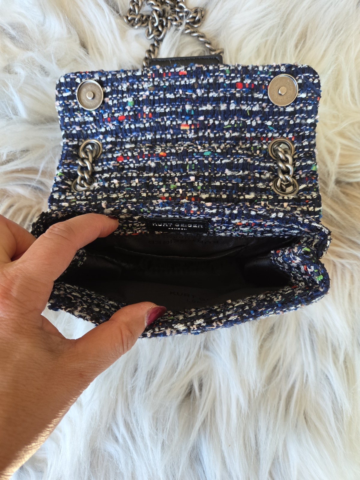Kurt Geiger Mini Kensington Tweed Metallic Dark Multi Color Blue Bag NWT