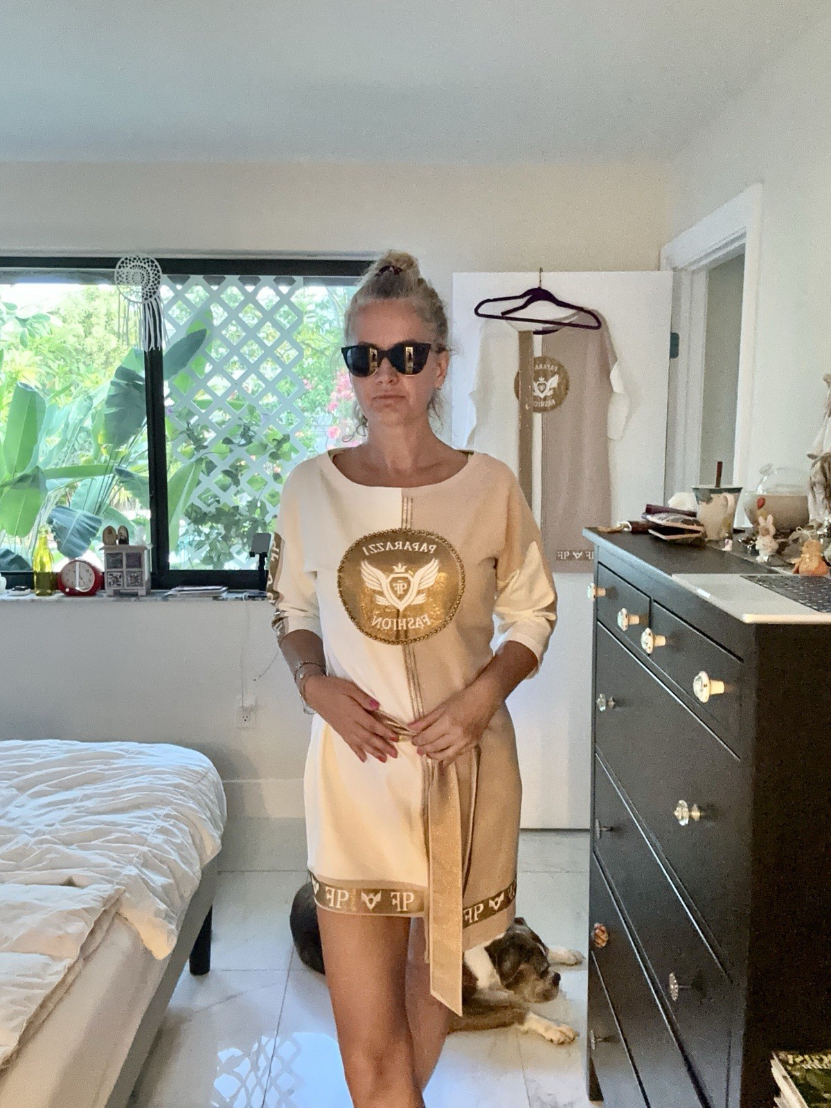 ✨ Glam Cream & Gold Cotton Dress – Eye-Catching & Unique✨ Size: M