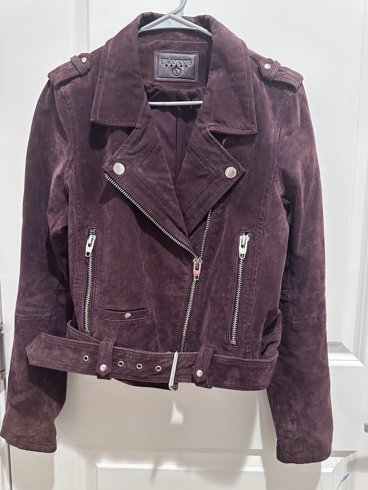 BLANKNYC Women’s Burgundy Leather Biker Jacket Full Zip Belted Lined Collared L