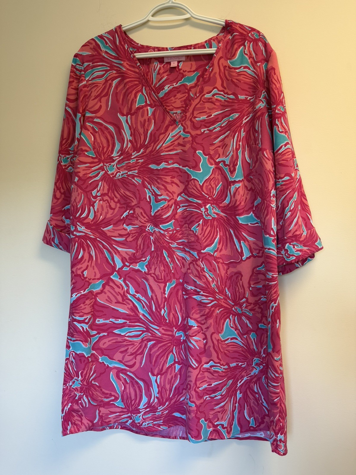 Lilly Pulitzer XL ARIELLE TUNIC DRESS Sea Blue Flirty Sea Print Pink Ladies