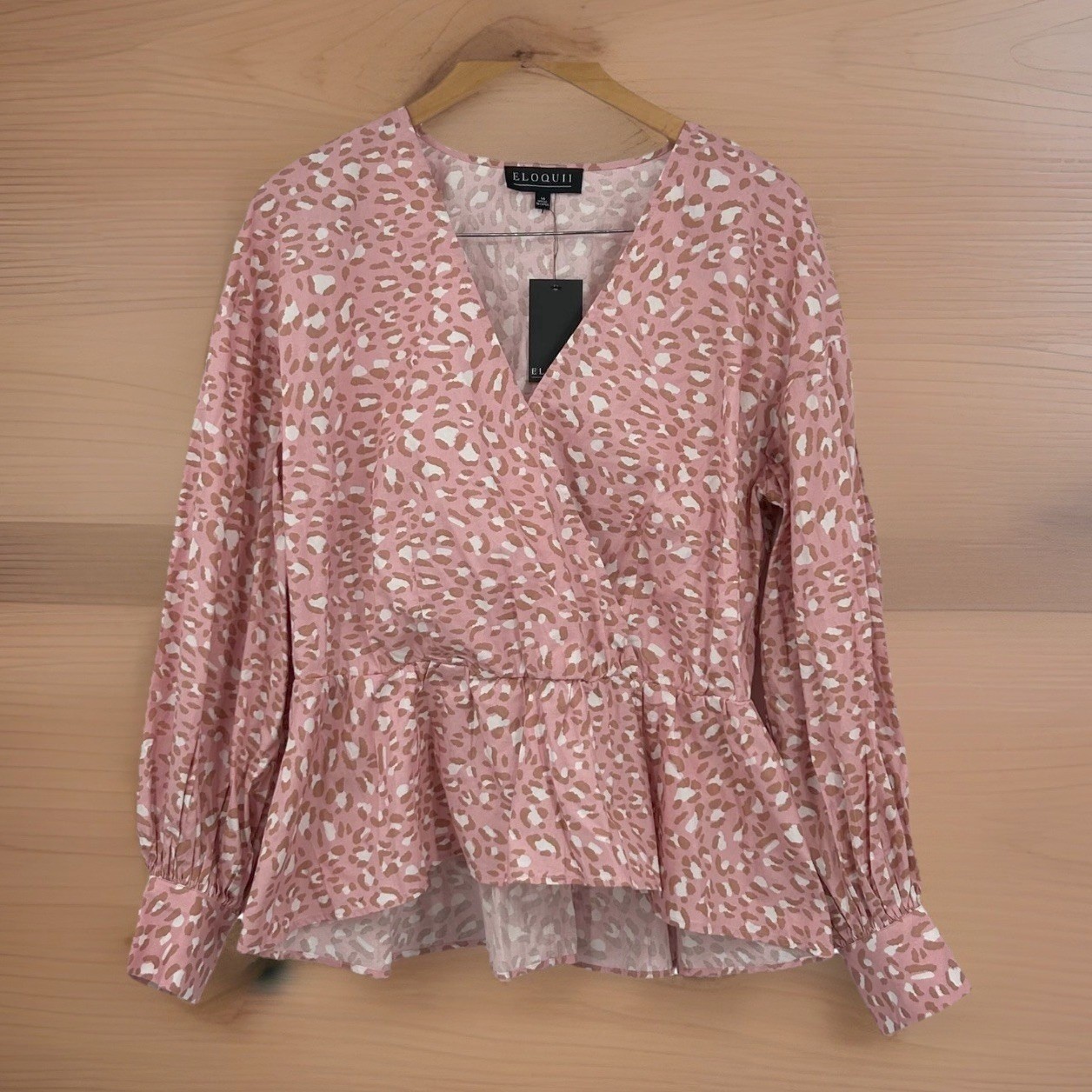 Eloquii Women Peplum Wrap Blouse 14 Pink Leopard Print Long Sleeve Animal Core