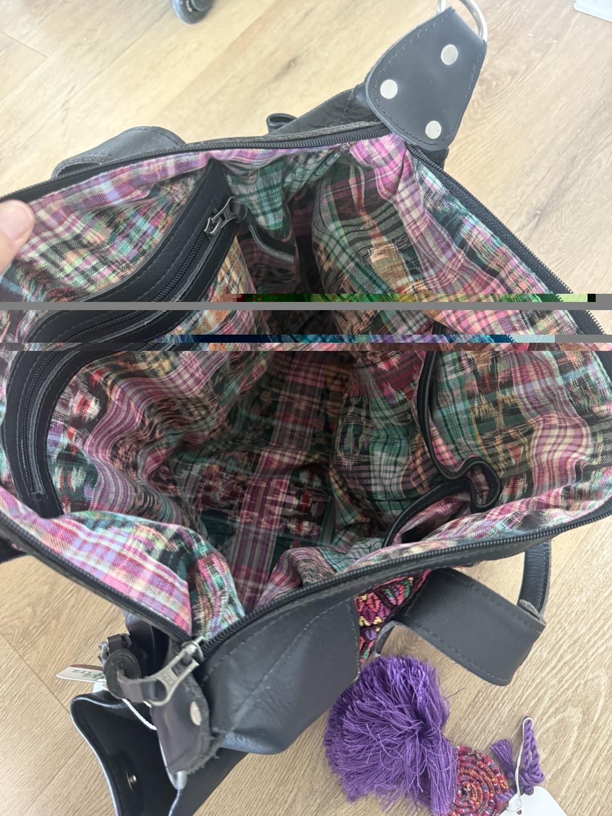 Women’s Black & Multicolor Tote Bag Zip Top Detachable Strap & backpack Pockets