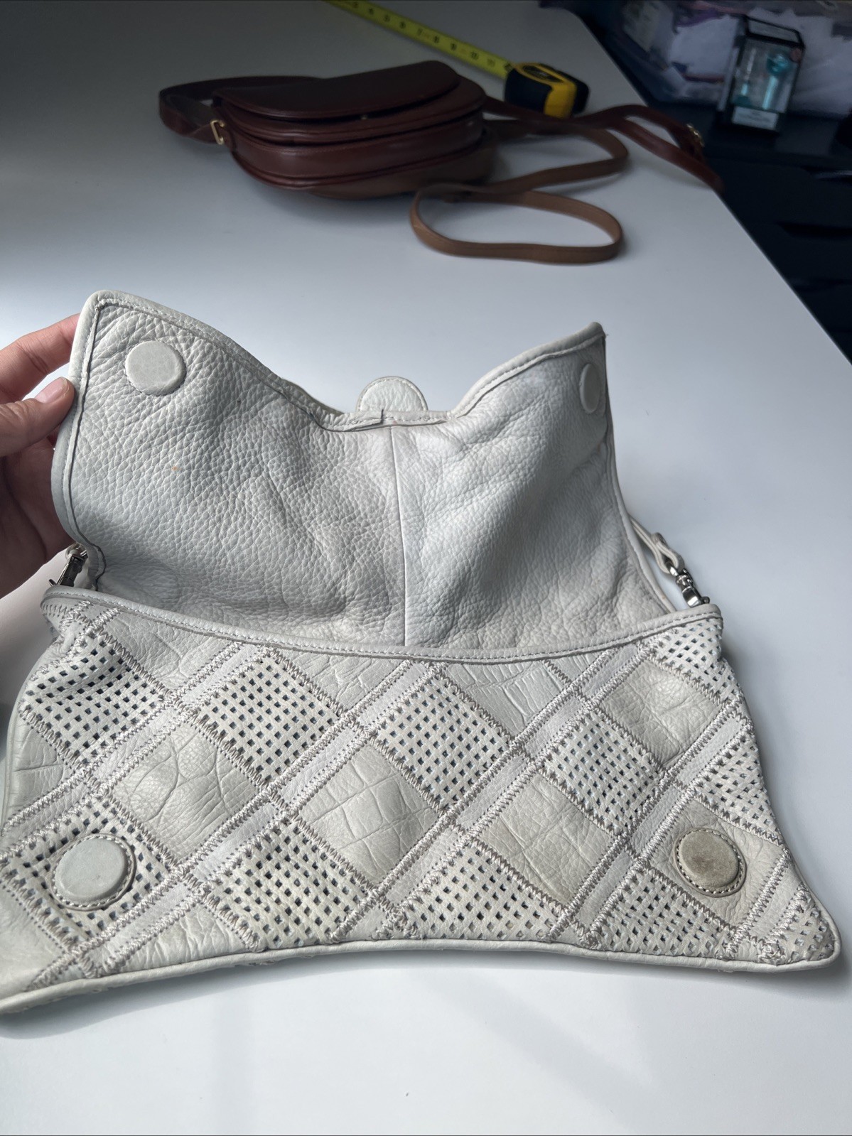Makowsky Gray Leather Shoulder Bag Perforated Patchwork Silver Hardware Purse