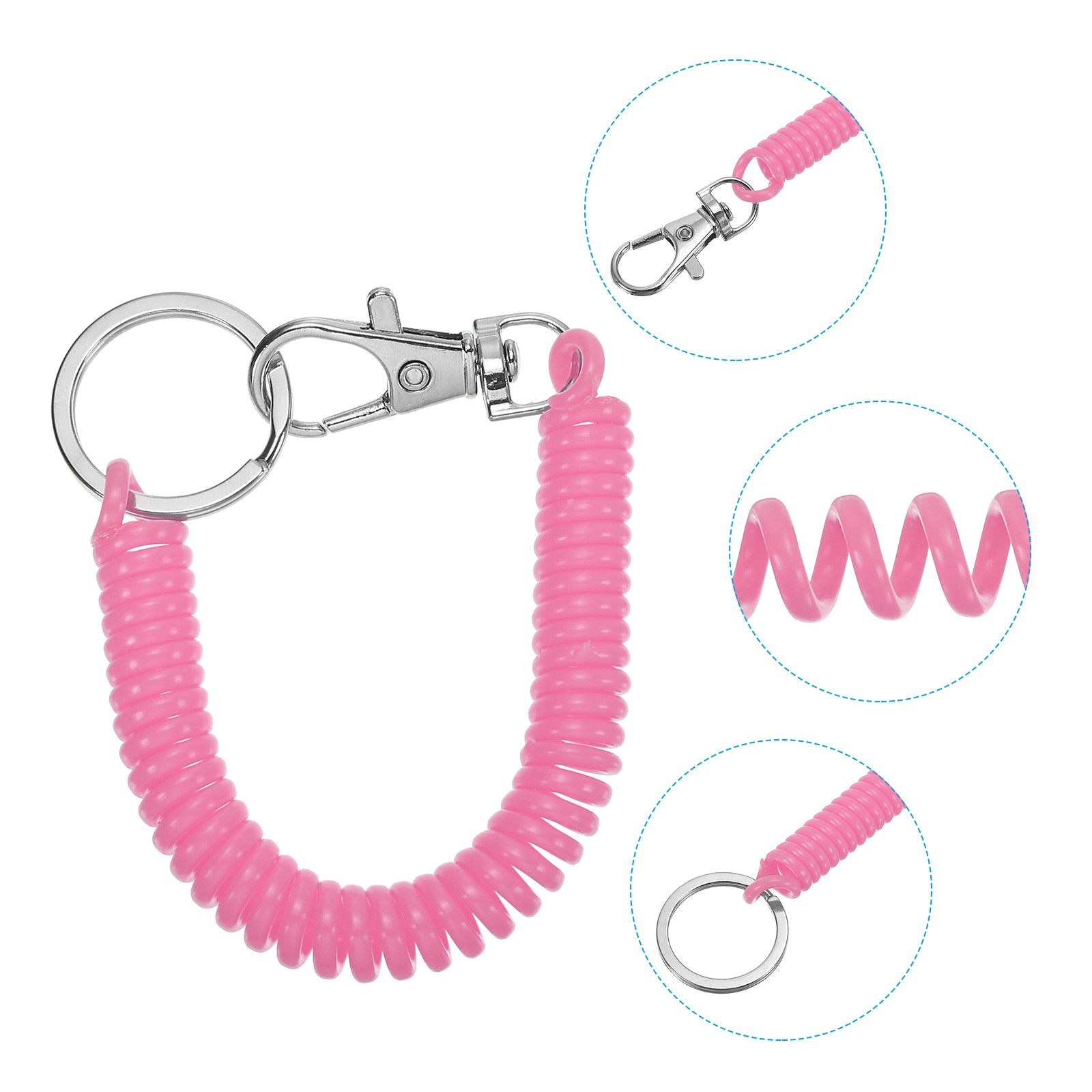 5pcs Retractable Coil Spring Keychain with Lobster Clasp Keyring 17cm Pink