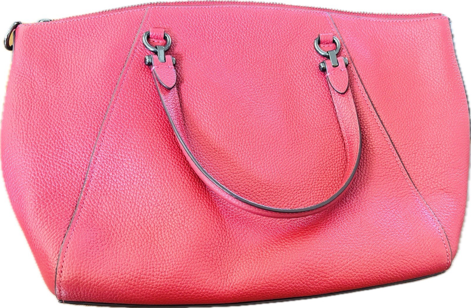 Coach Pink Pebbled Zip Top Satchel Top Handle Double Handles Lined Charm