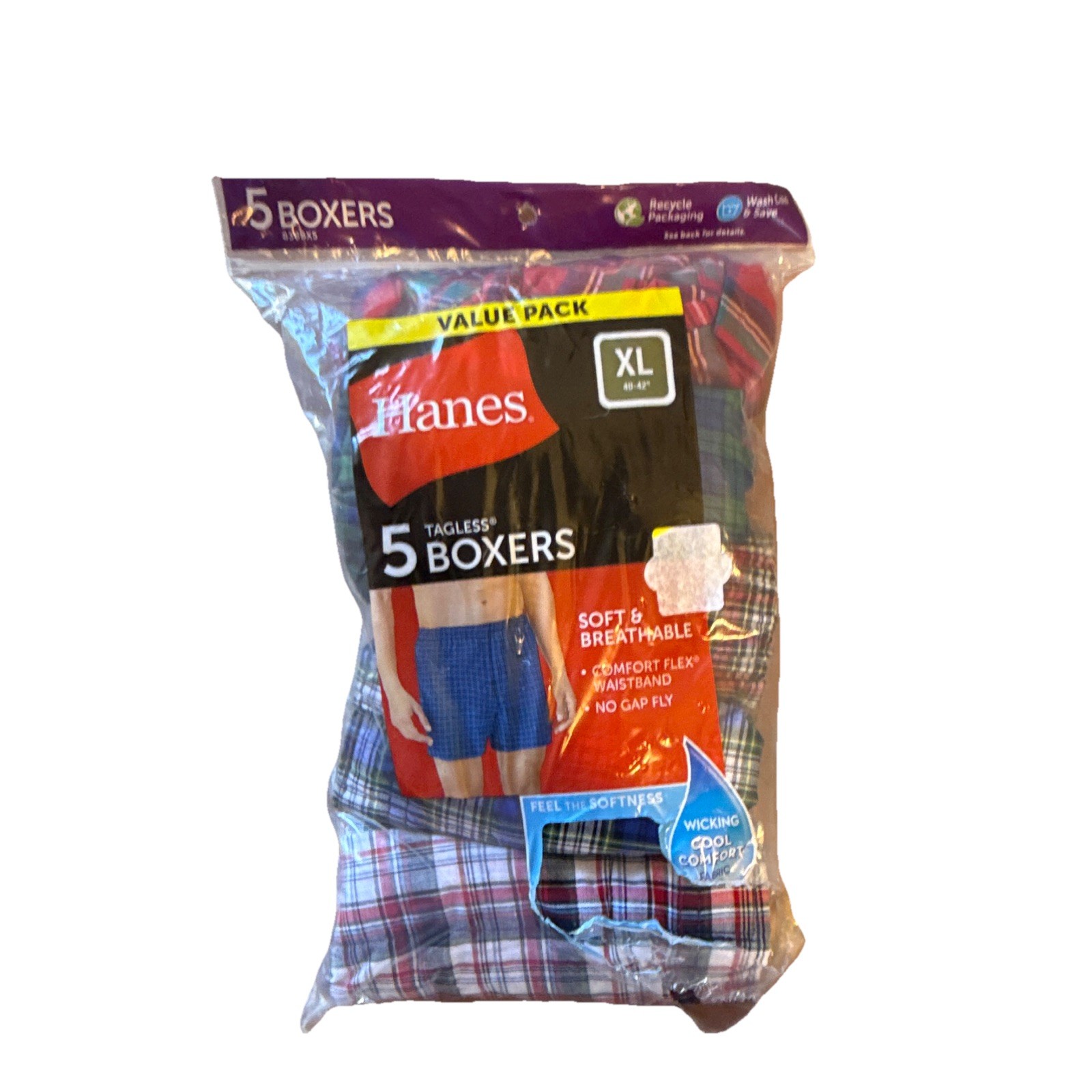 Hanes Men’s Tagless Breathable Plaid Boxer Shorts Multicolor XL 5-Pack