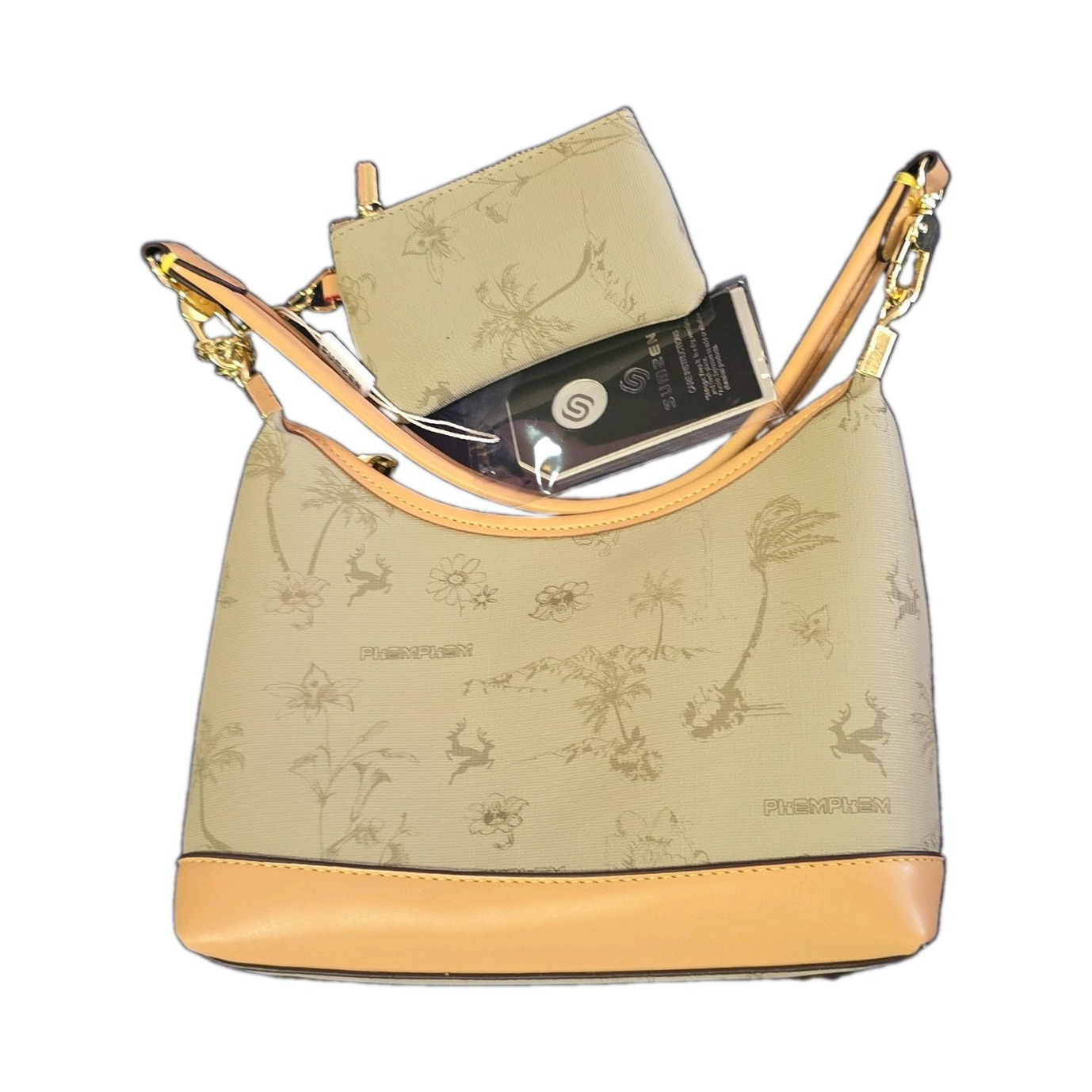 Women’s Khaki Floral Satchel Handbag Zip Closure Gold Hardware with Wristlet