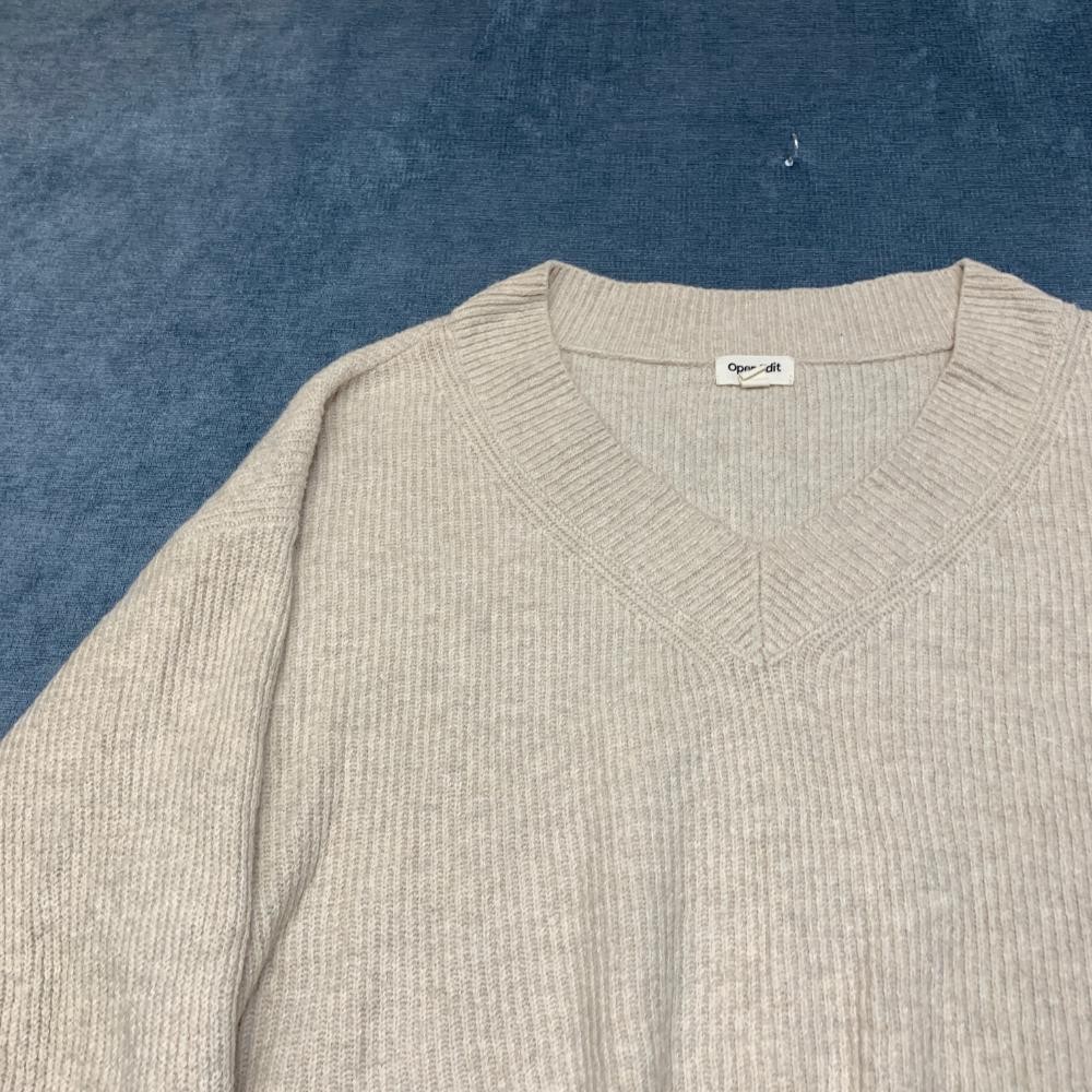 Open Edit Cropped Sweater Womens Large Beige Tight Knit Cotton V Neck Streetwear