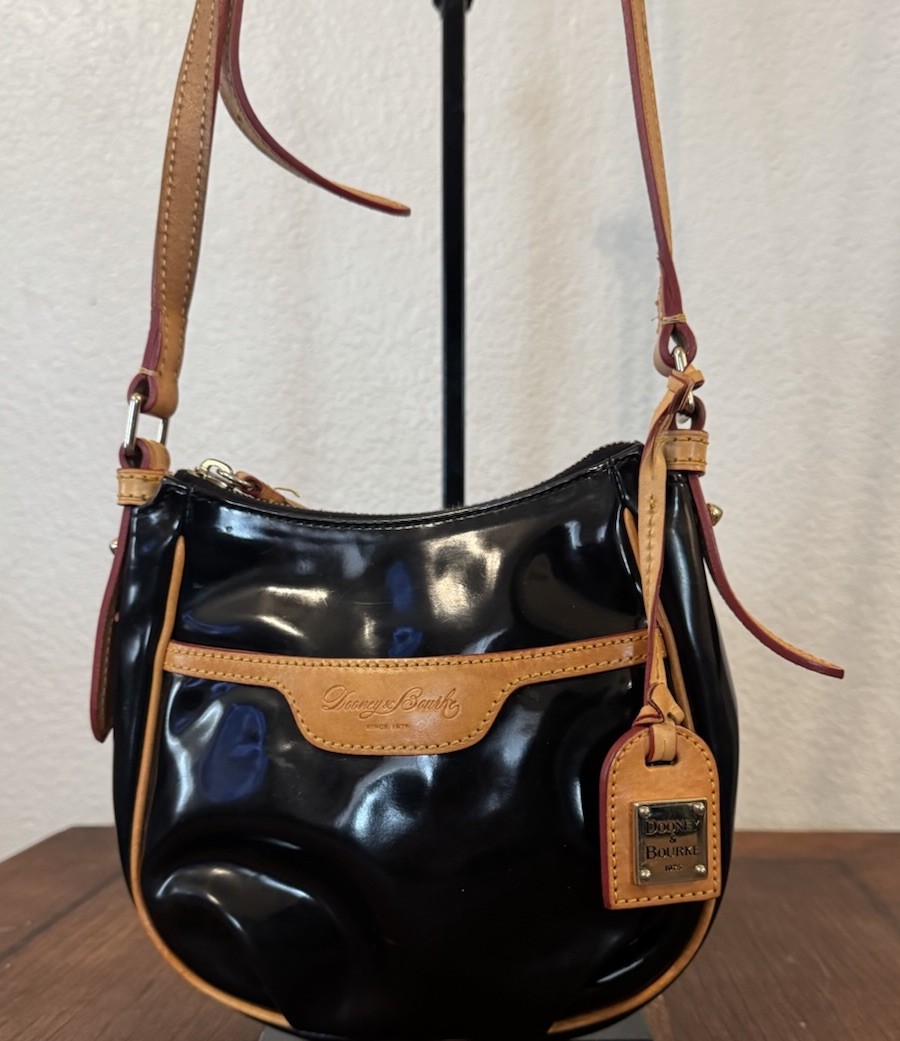 Dooney & Bourke Black Patent Crossbody Bag Zip Top Tan Strap Gold Hardware