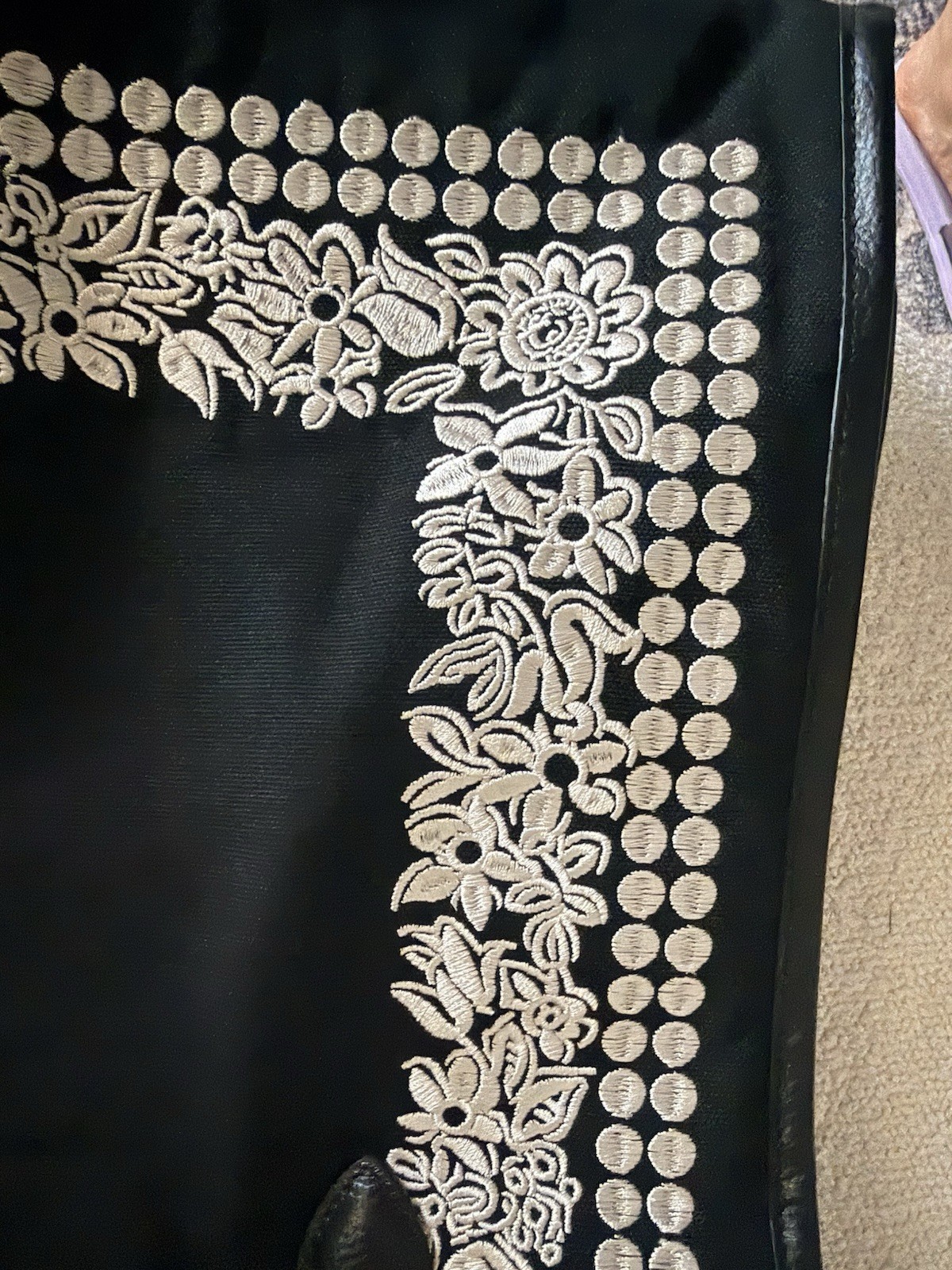 Anna Sui Black & White Floral Embroidered Tote Bag, Double Handles, Women