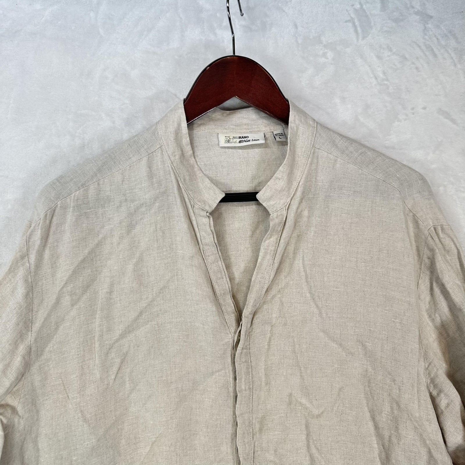 Murano Shirt Mens L Beige Baird McNutt Linen Button Up Band Collar Long Sleeve