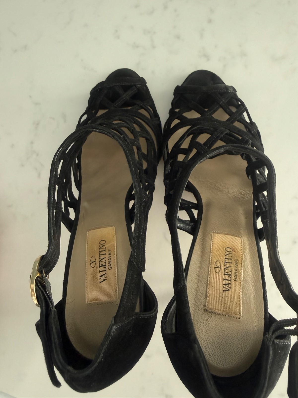 Valentino Garavani Black Suede Caged Lattice Sandals Heels Pump 37.5 Box Luxury