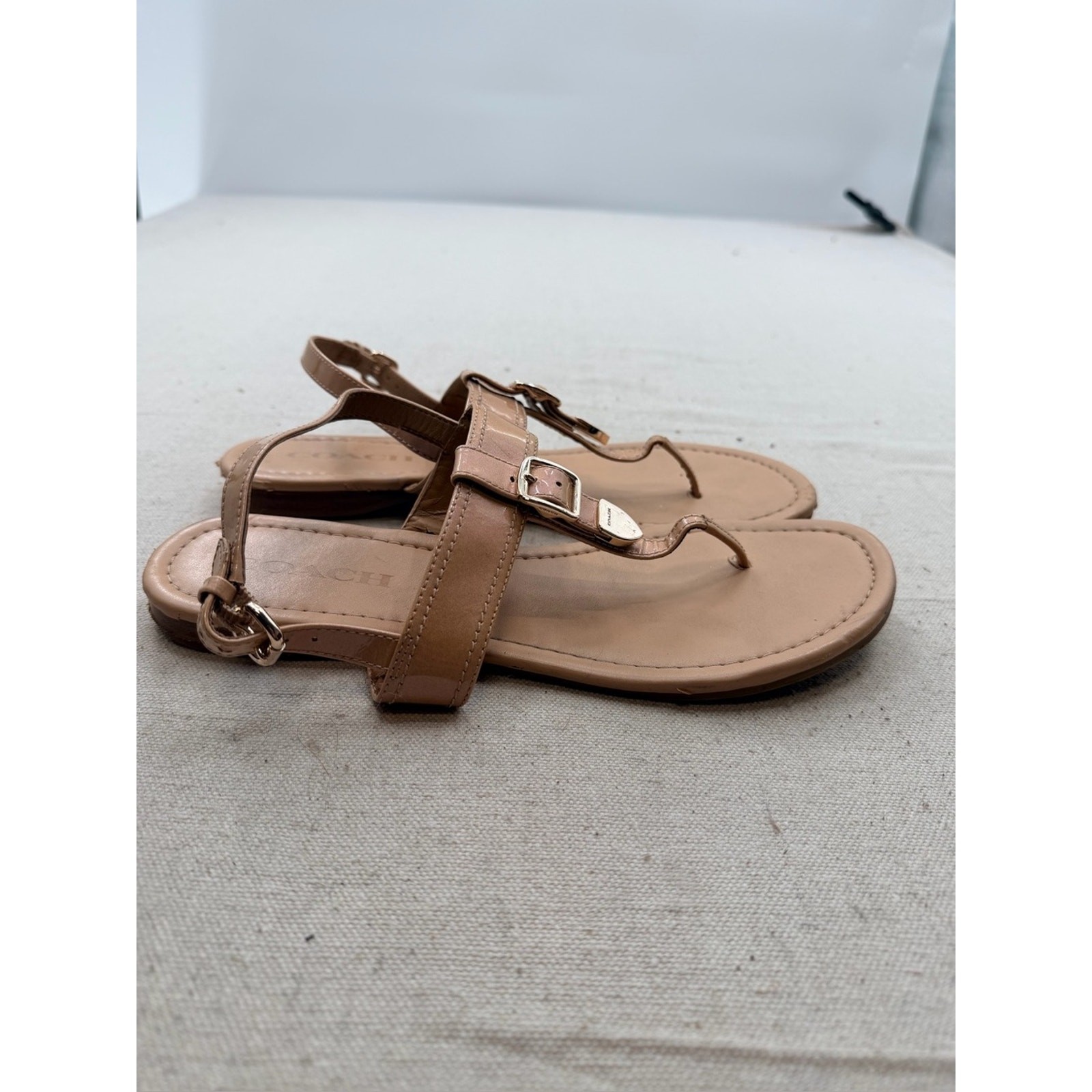 Coach Cassidy Nude/Tan Leather T-Strap Sandals with Buckle