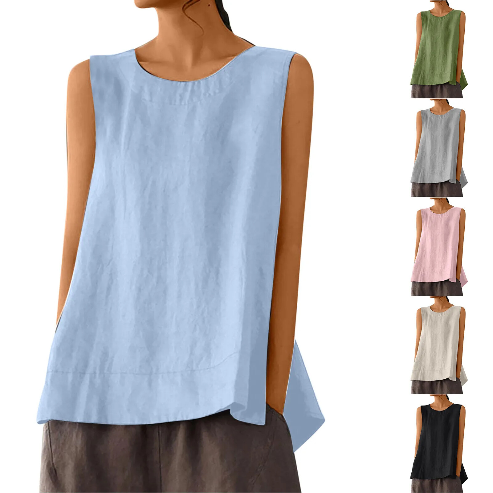 Solid Color Casual Cotton Linen Sleeveless Round Neck Soft and Breathable Top