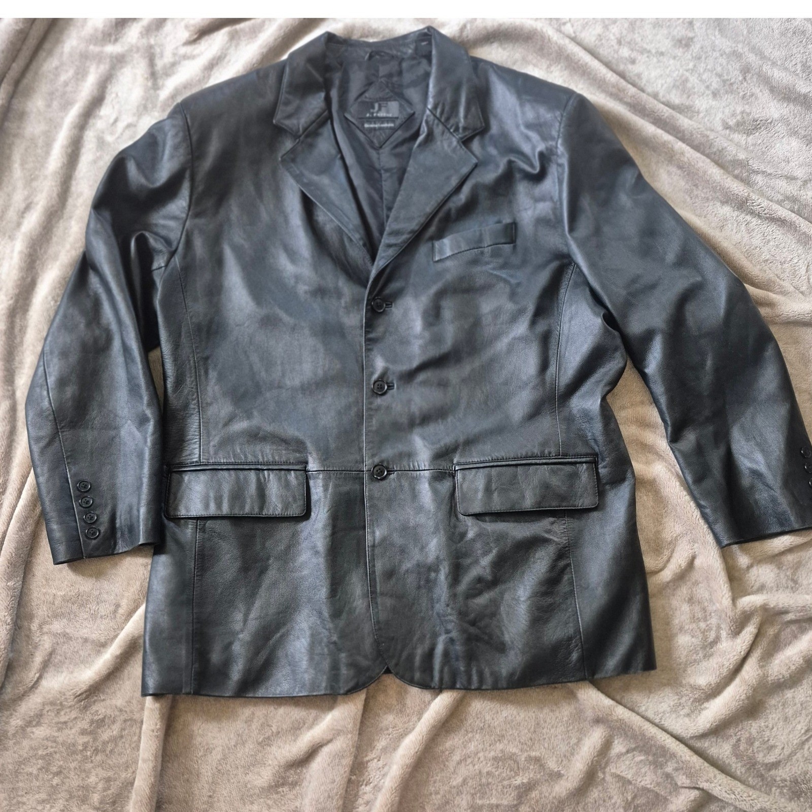 J. Ferrar Mens Black Genuine Lambskin Nappa Leather 3-Button Blazer Jacket XL