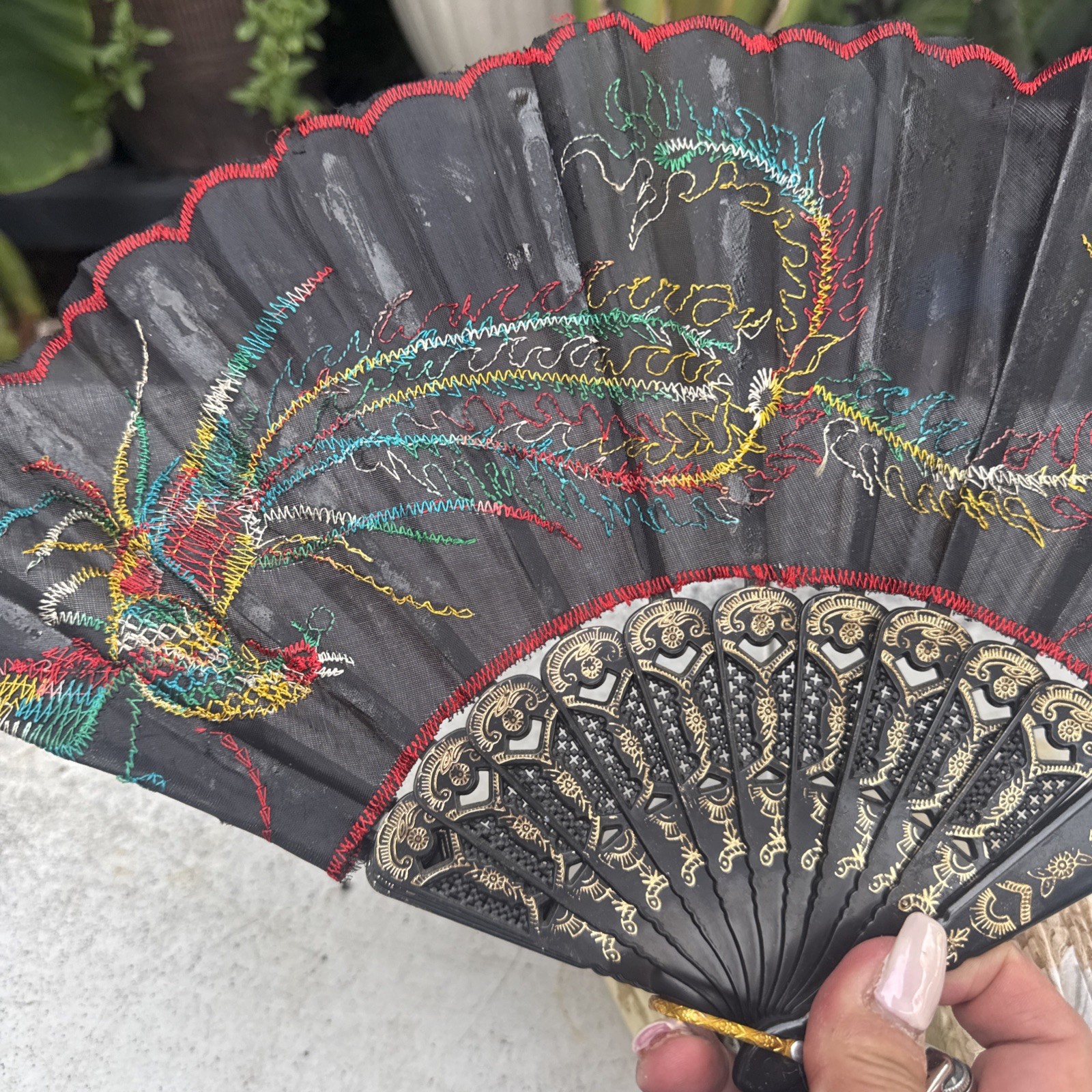 Victorian Style Multicolor Floral Hand Fan Black Lace Trim Fabric Plastic