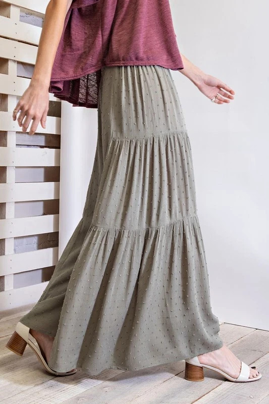 NWT S EASEL FADED OLIVE “ANY SEASON” SWISS DOT Tiered WIDE LEGS PANTS BHCS