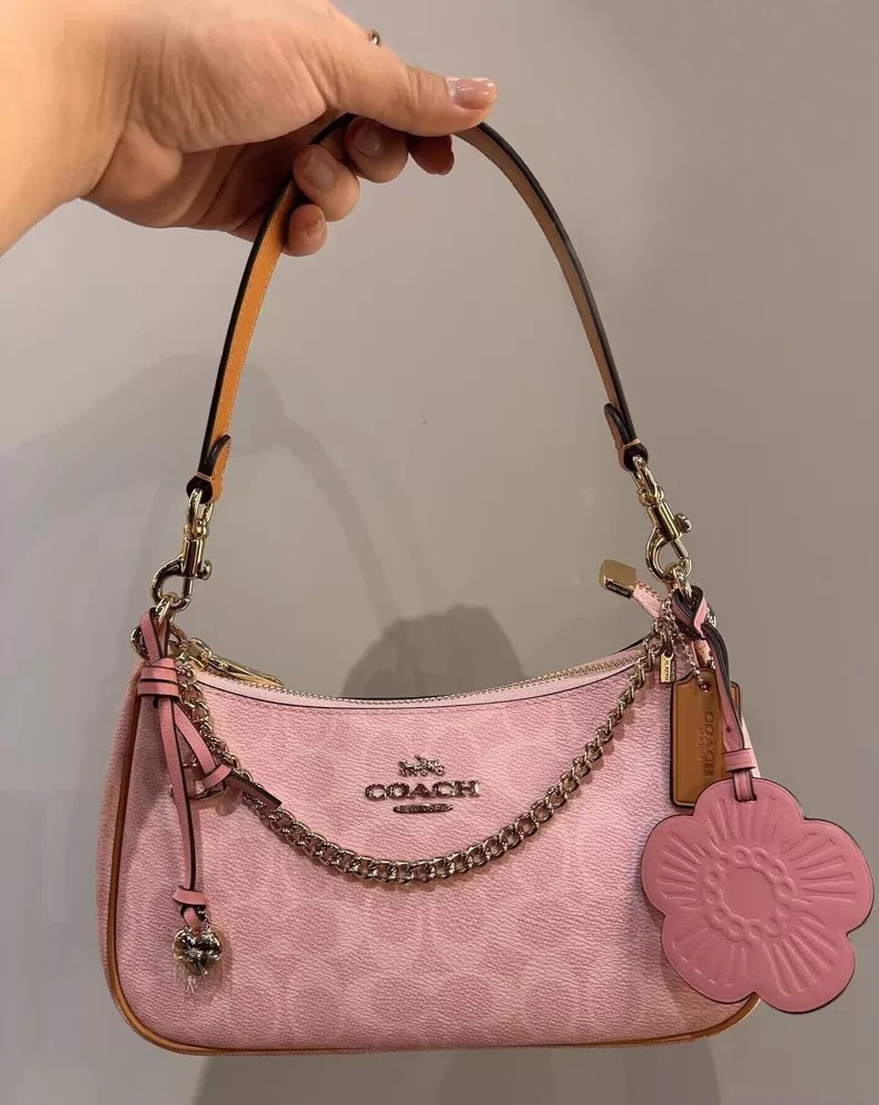 COACH CEA20 Teri Shoulder Bag Signature Canvas Pink Gold Crossbody Women NWT
