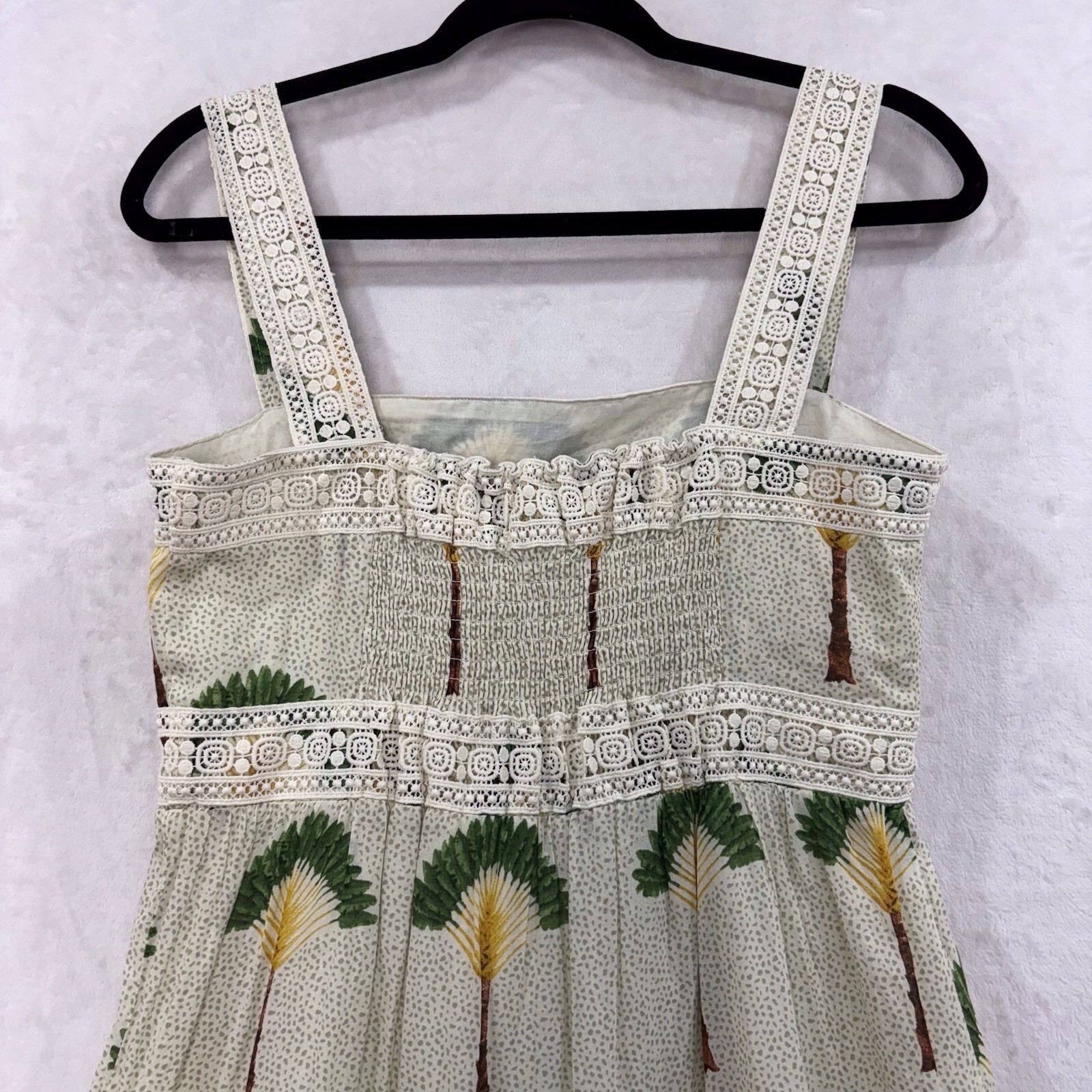 Calypso St Barth Palm Tree Crochet Tier Smocked Dress M Maxi Ruffle Tropical NEW