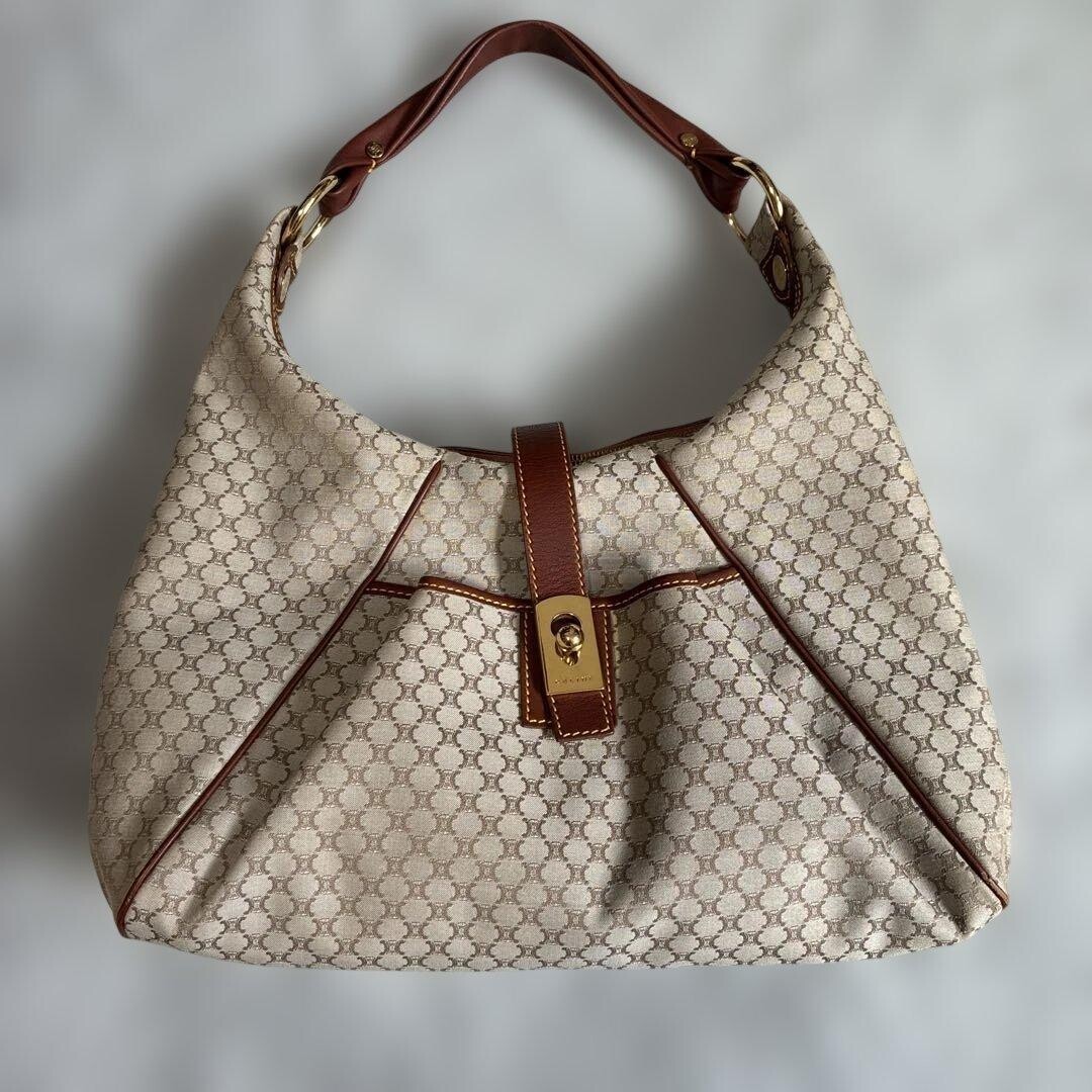 CELINE C Macadam Vintage Canvas Shoulder Bag Beige Brown Gold Turn Lock Hobo