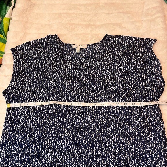 Chaus New York S Dark Blue White Abstract Print Preppy Teacher Office Blouse