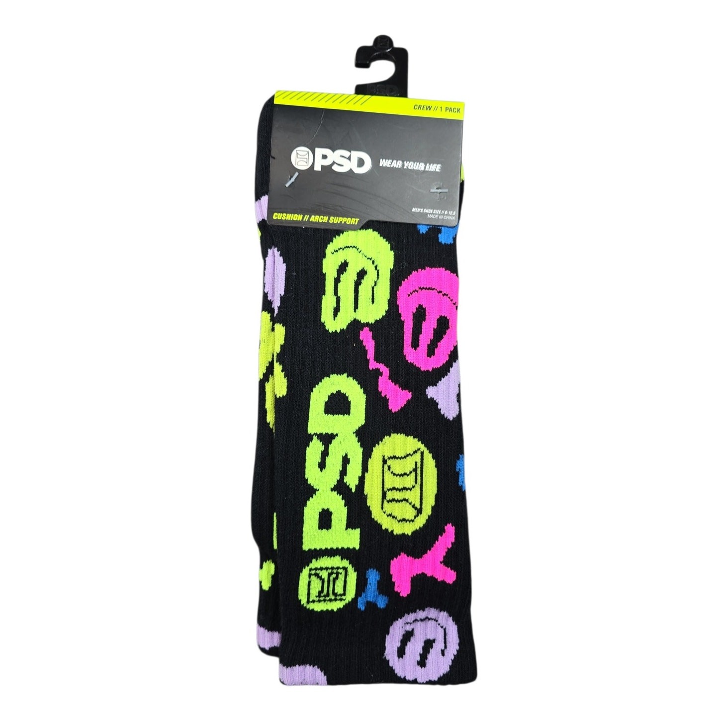 PSD Smiley Face Crew Socks Mens 6-12.5 Graphic Multicolor Novelty Streetwear NWT