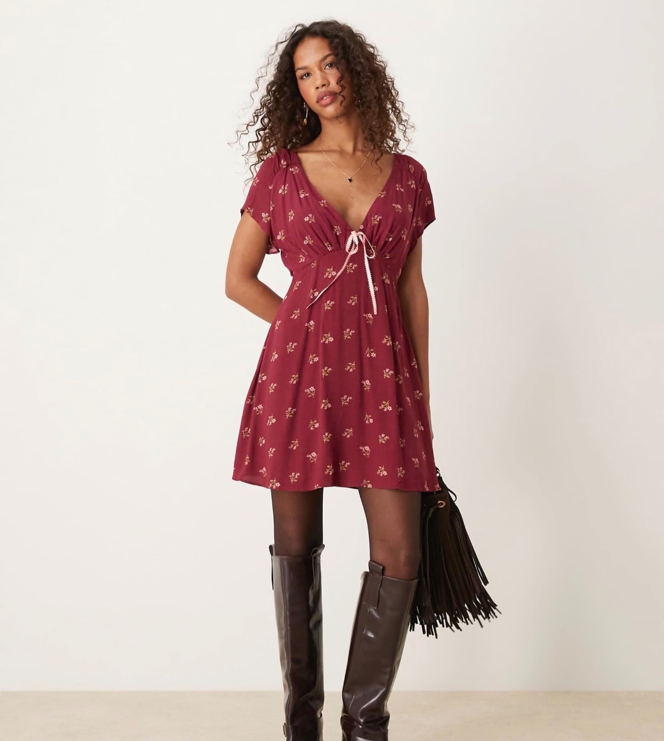 Free People tie detail mini tea dress in raspberry size medium NEW