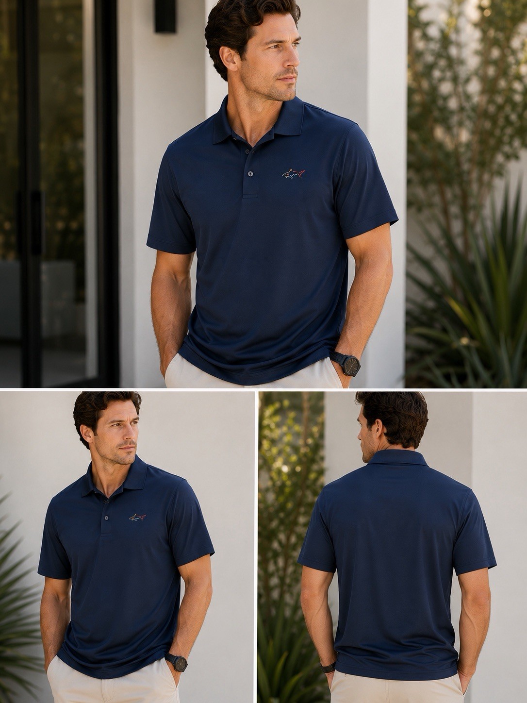 Greg Norman Tasso Elba Play Dry Polo Men’s XXL Navy Slim Fit Golf Shirt Shark