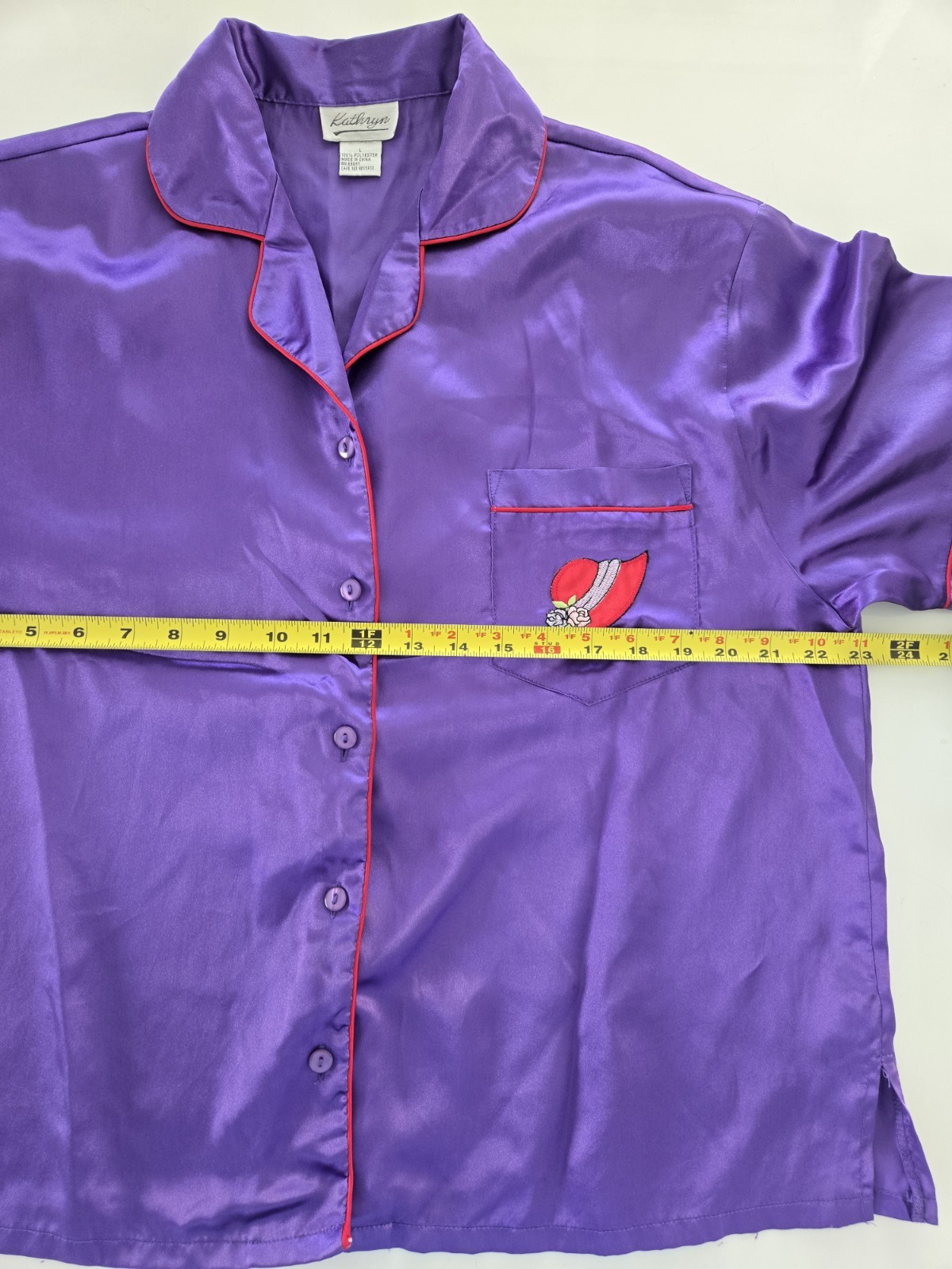 Purple Satin Two-Piece Pajama Set with Red Accent Print Size L