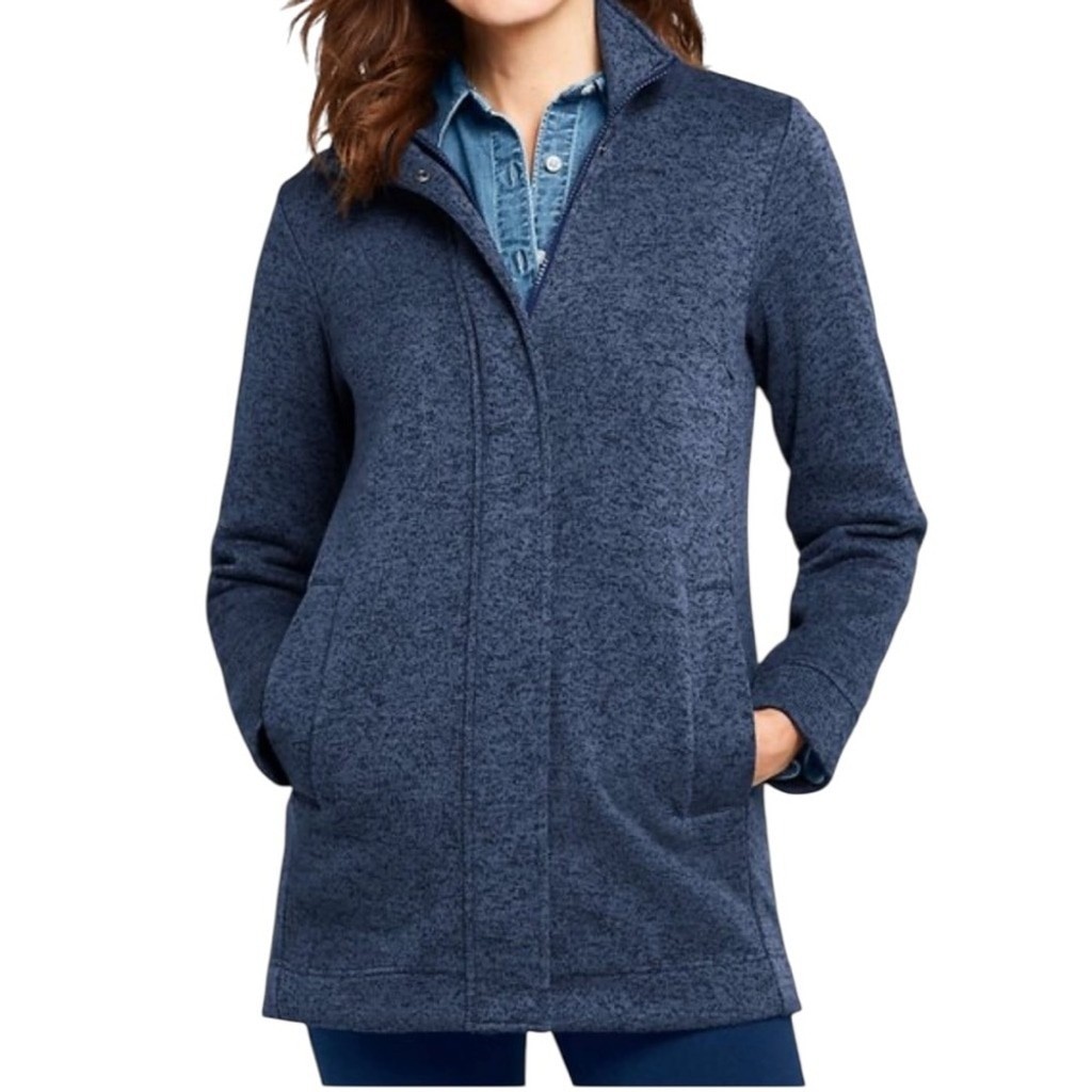 Lands’ End Heather Steel Blue Sweater Fleece Long Zip Jacket Tunic Medium M