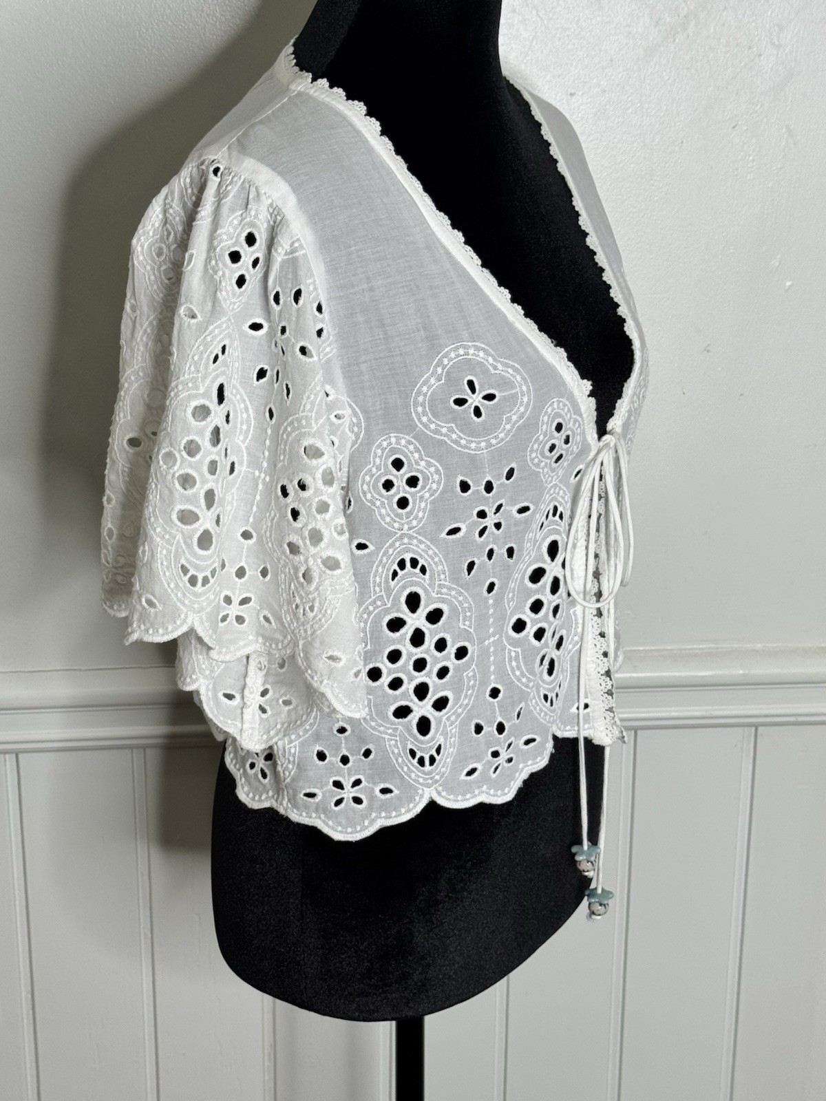 Anthropologie Maeve Top One Size White Eyelet Boho Cottagecore Tie Front Blouse