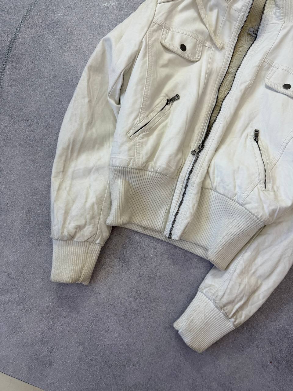 Vintage 90s White Avant-Garde Faux Fur Fell Cropped Leather Y2K Streetwear Jacke