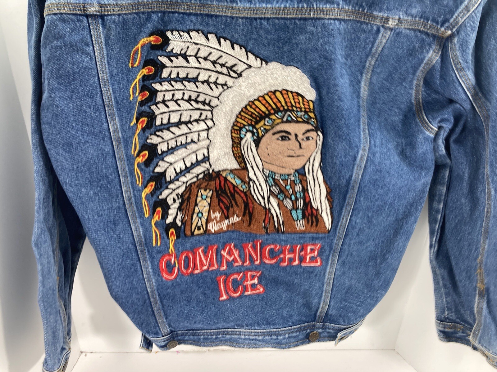 Comanche Chief Denim Trucker Jacket Men Size Small Embroidered Button VTG Unique
